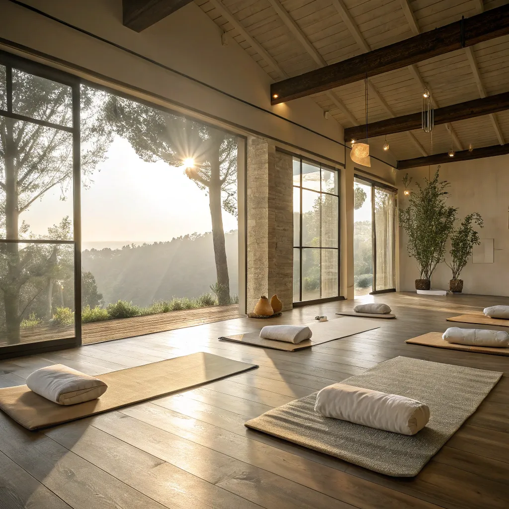 A serene yoga studio with sunlight filtering through large windows